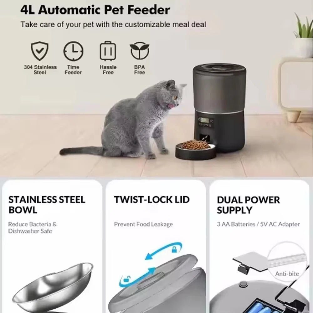 Automatic Pet Feeder 4L Capacity Smart Timer Tuya Control Food Dispenser with Stainless Steel Bowl Dogs Cats Feeding Supplies - Tech For Pets