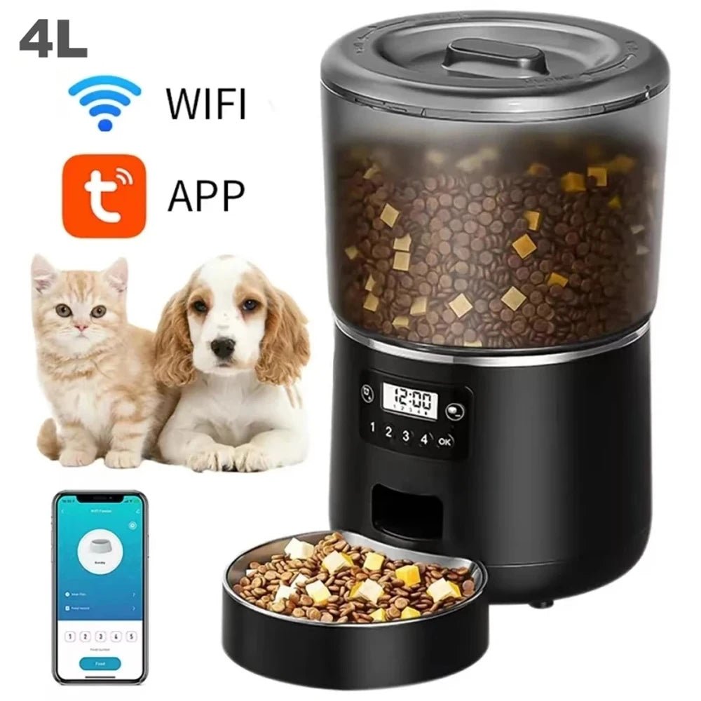 Automatic Pet Feeder 4L Capacity Smart Timer Tuya Control Food Dispenser with Stainless Steel Bowl Dogs Cats Feeding Supplies - Tech For Pets