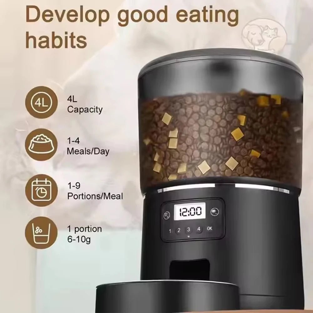 Automatic Pet Feeder 4L Capacity Smart Timer Tuya Control Food Dispenser with Stainless Steel Bowl Dogs Cats Feeding Supplies - Tech For Pets
