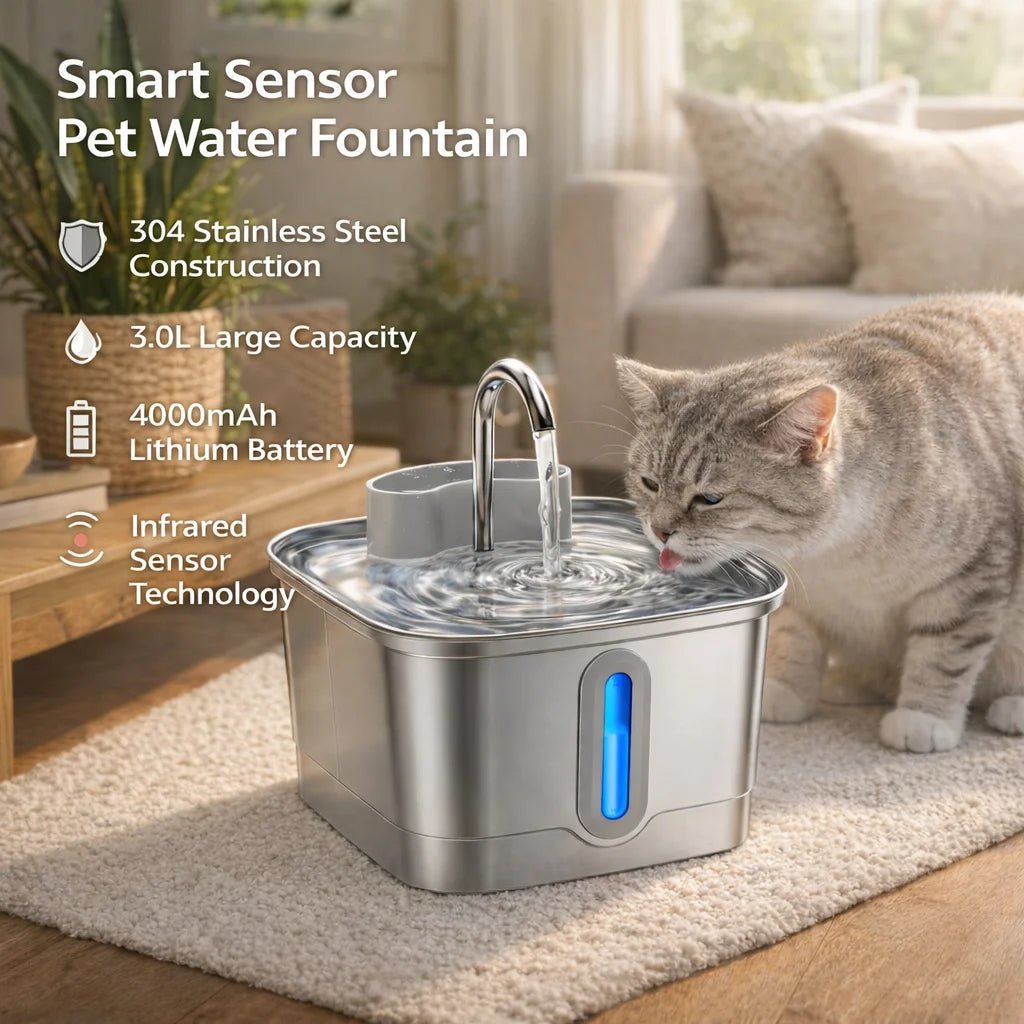 Smart Wireless Cat Water Fountain 4000mAh Rechargeable Battery Sensor Stainless Steel Automatic Pet water Dispenser with Filter - Tech For Pets
