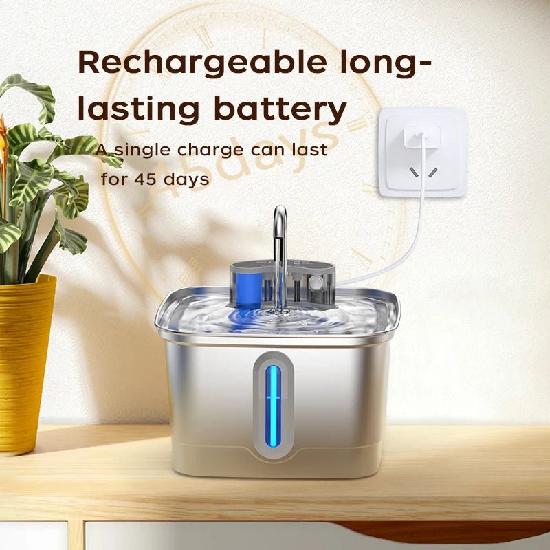 Smart Wireless Cat Water Fountain 4000mAh Rechargeable Battery Sensor Stainless Steel Automatic Pet water Dispenser with Filter - Tech For Pets