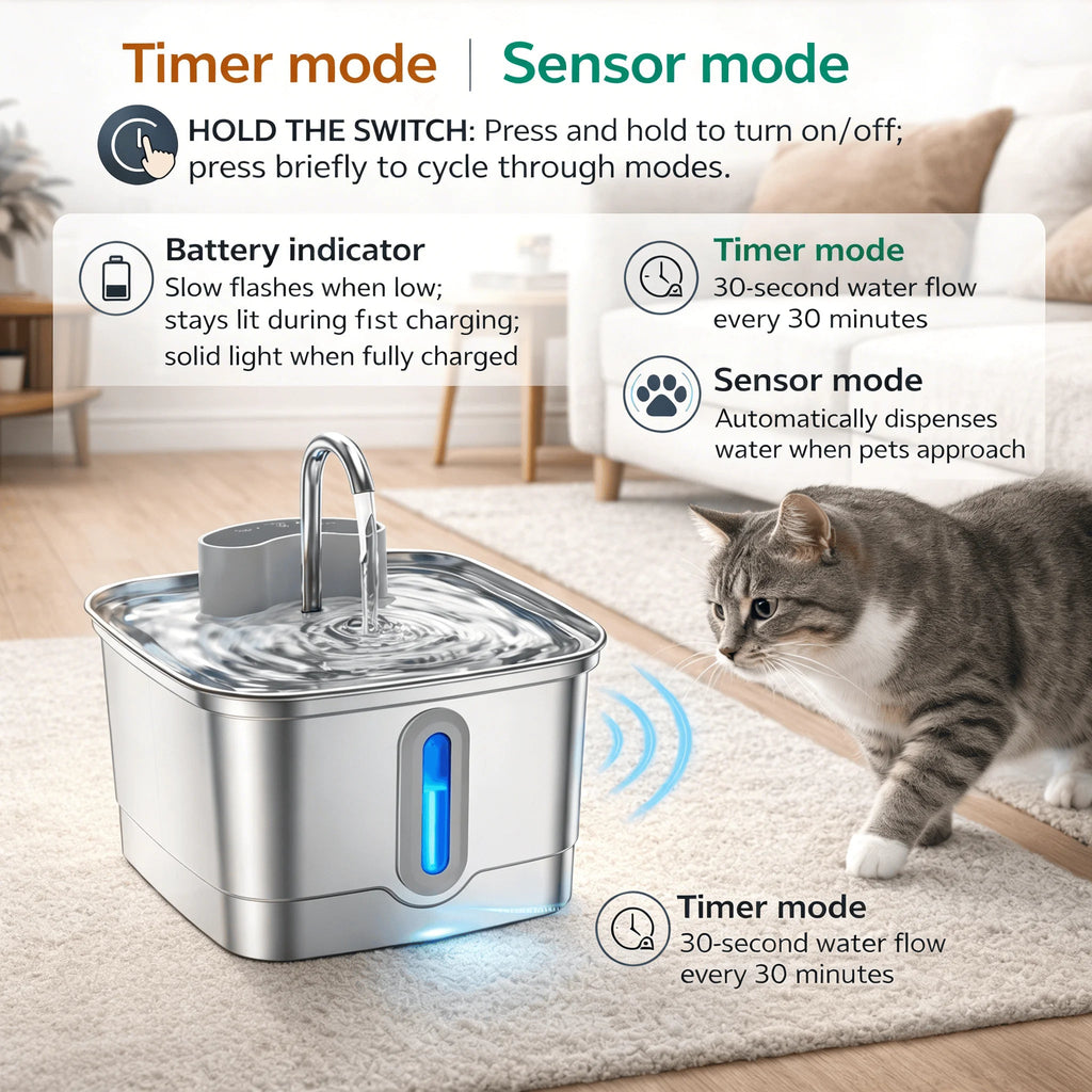 Smart Wireless Cat Water Fountain 4000mAh Rechargeable Battery Sensor Stainless Steel Automatic Pet water Dispenser with Filter - Tech For Pets