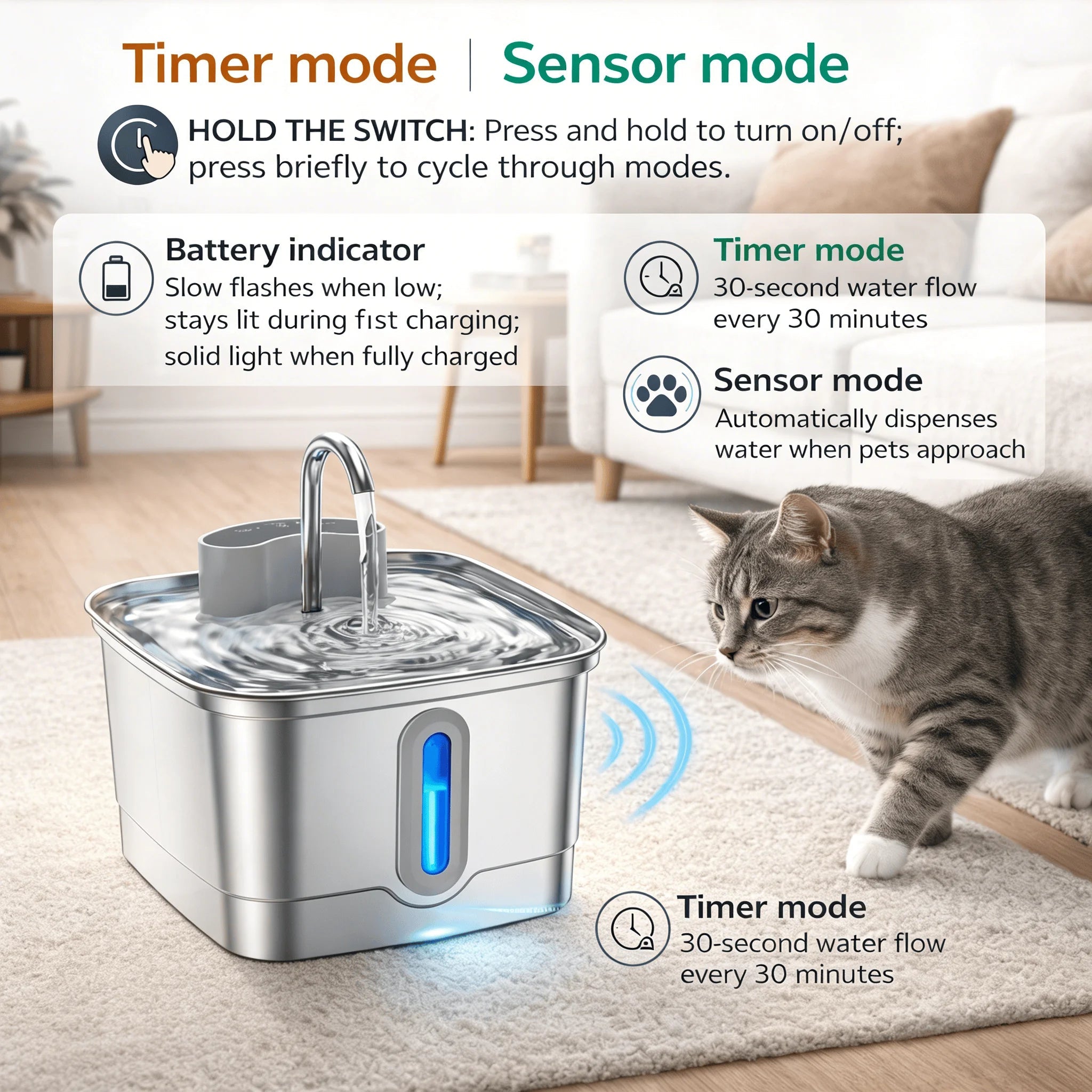 Smart Wireless Cat Water Fountain 4000mAh Rechargeable Battery Sensor Stainless Steel Automatic Pet water Dispenser with Filter - Tech For Pets